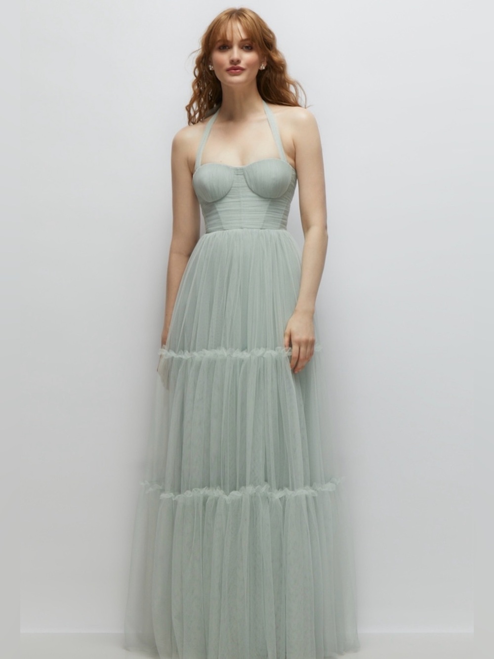 Halter Bustier Tulle Maxi Dress in Willow Green